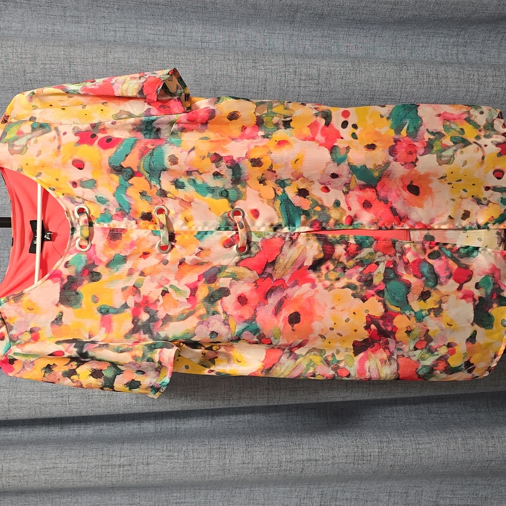 Investments Multicolor Watercolor Abstract Floral Blouse Sz S Metal‎ Ring Detail